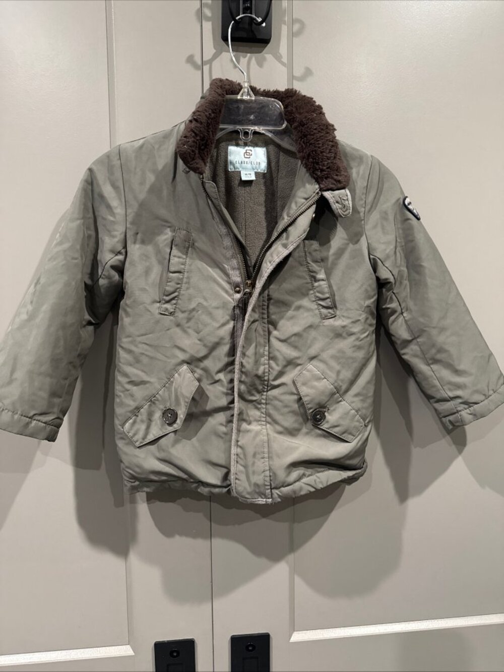 Class Club Boys Green Nylon Aviator Bomber Jacket Faux Fur Collar 4/5